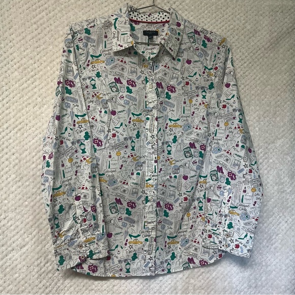 Talbots Top NYC Doodle 100% Cotton Button Front Long Sleeve Shirt Sz MP - Picture 2 of 8